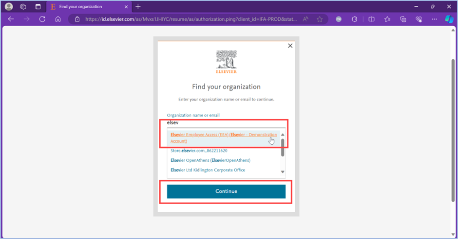 Screenshot of the find your organization drop-down list